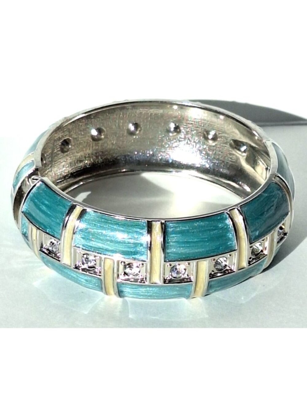 Vintage Teal Enamel Clear Rhinestone Hinged Bangle Bracelet Silver Tone Greek